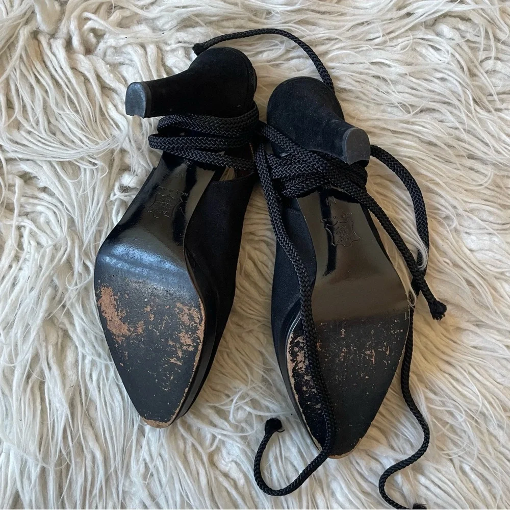Yves Saint Laurent Dallas Vintage Black Suede Lace Up Ankle Wrap Pumps Size 6.5